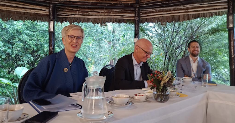 Sweden Ambassador Caroline Vicini, Norway Ambassador Gunnar Andreas Holm and Norway embassy secretary Magnus Lorentzen during a breakfast meeting at in Nairobi on November 16, 2022