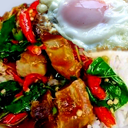 Crispy Belly Pork Pad Ka Prao Kai Kow