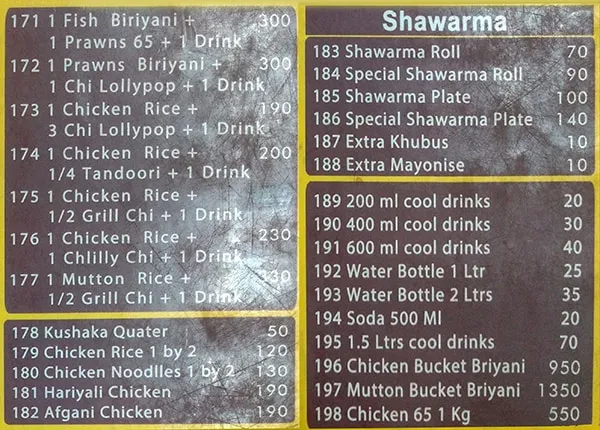 Saleem Biryani menu 