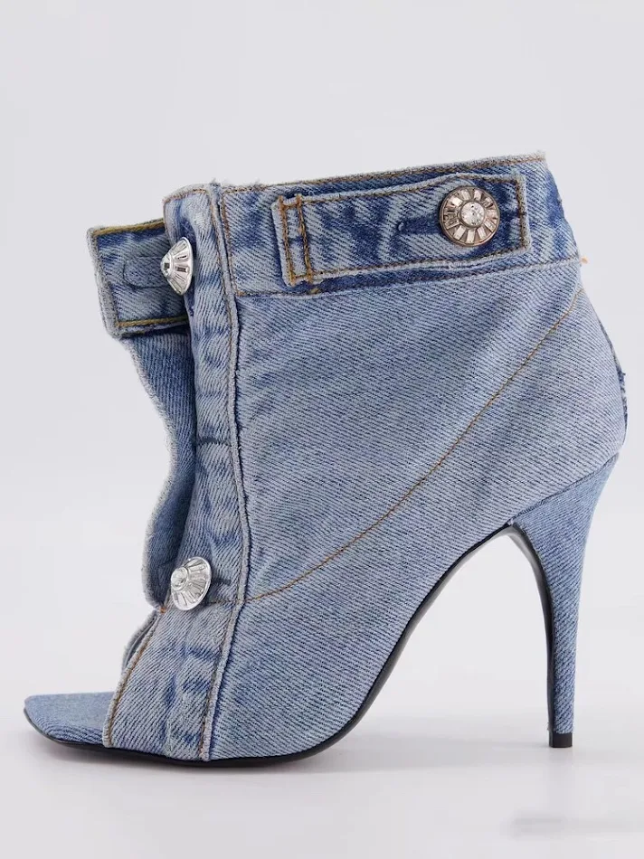 High Heeled Short Boots with Rivets, Denim Fabric, Short Tube, elevate your style with these fashionable and edgy boots 