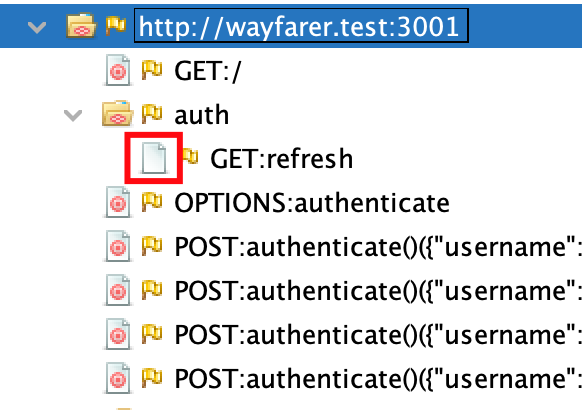 ZAP's Sites pane with the Wayfarer.test:3001 subtree open. The highlighted icon under auth/GET is missing the in scope (target) symbol the other nodes have.