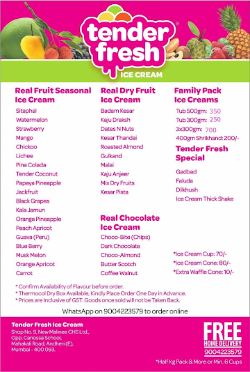 Tender Fresh Ice Creams menu 