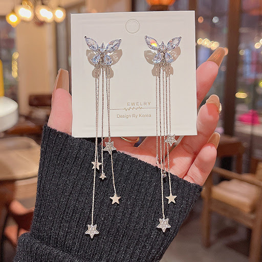 Title 8, 925 Silver Needle Long Fringed Zircon Earrings,...