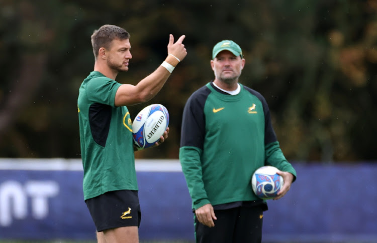 Flyhalf Handre Pollard, left, with head coach Jacques Nienaber during the Springbok training session at Stade des Fauvettes in Domont, Paris, on Wednesday before Saturday's 2023 Rugby World Cup final match against New Zealand. Picture: DAVID ROGERS/GETTY IMAGES