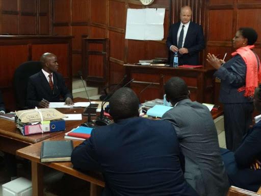 Kenya legal representative in Switzerland Marc Henzilin testifies at an Anglo leashing case in Milimani court. COURTESY