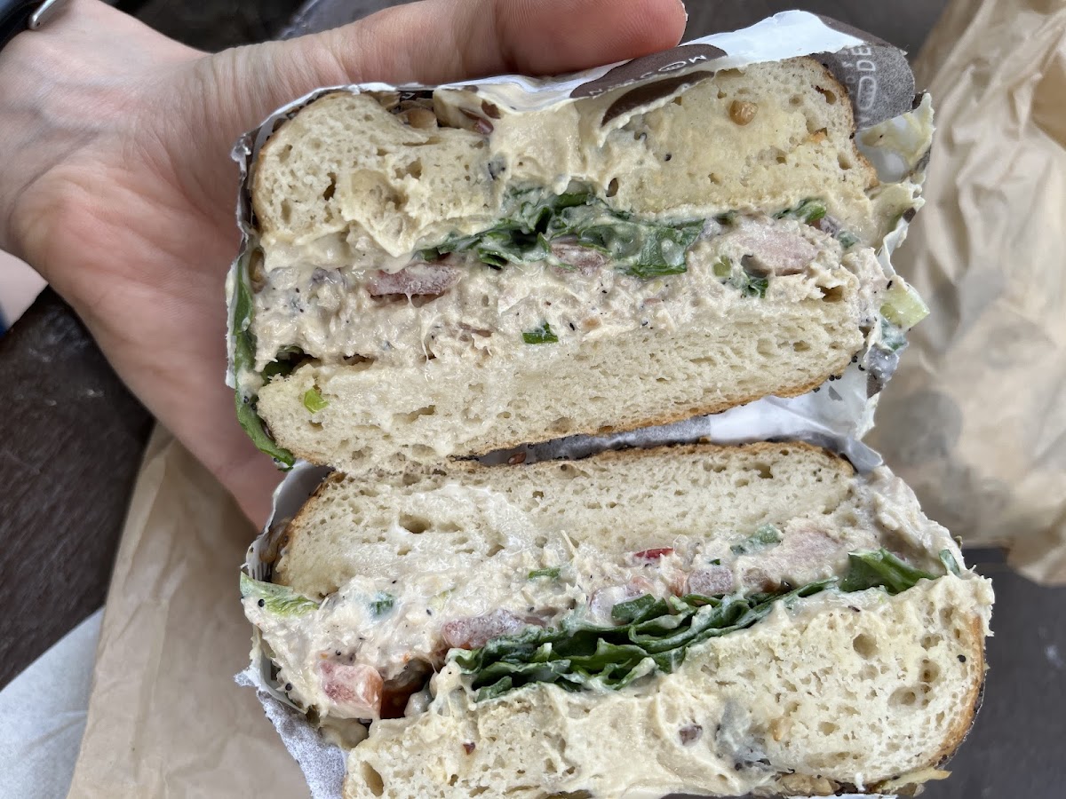 tuna salad (df), hummus on vegan bagel