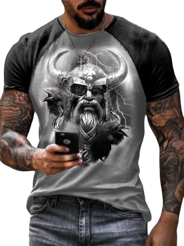 T-shirt uomo estivo con stampa 3D guerriero retrò. Maglietta a maniche corte fashion europea e americana. Stile unico per l'estate.