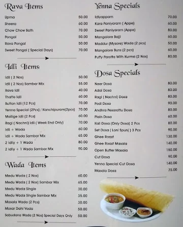 Yenna Dosa menu 