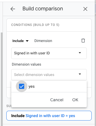 Porovnání zahrnující dimenzi „Přihlášen pomocí ID uživatele“ a hodnotu dimenze = ano