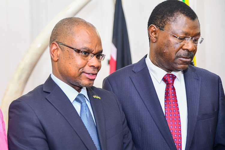 Senate Speaker Amason Kingi and his counterpart from the National Assembly Moses Wetang'ula at State House on June 26, 2023