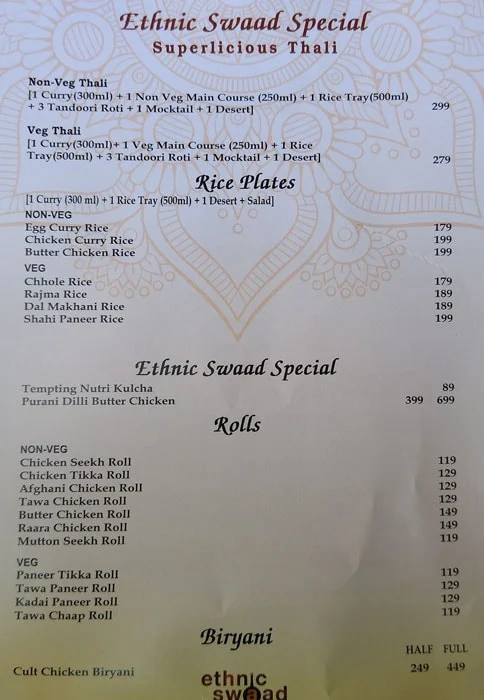 Ethnic Swaad menu 