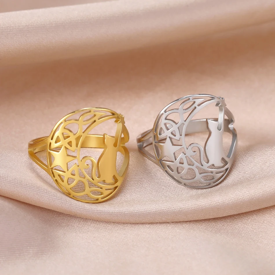 Anel estrela de gatinho fofo Joia de aço inoxidável com design de animal para mulheres Anel de nó fashion Presente perfeito para amantes de felinos