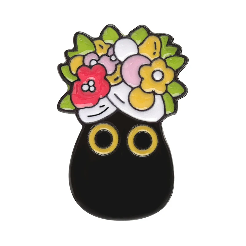 Bolsa fashion criativa e combinável com tema de gato preto de desenho animado e flores, adorkable, para roupas e acessórios.