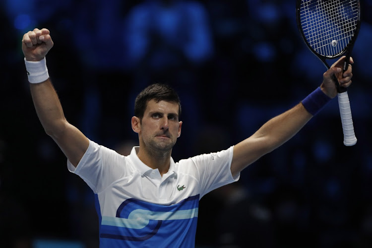 Serbia’s Novak Djokovic celebrates winning his group stage match against Russia’s Andrey Rublev in Pala Alpitour, Turin, Italy, November 17 2021. Picture: REUTERS /GUGLIELMO MANGIAPANE