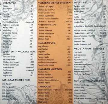 Calicut Durbar menu 