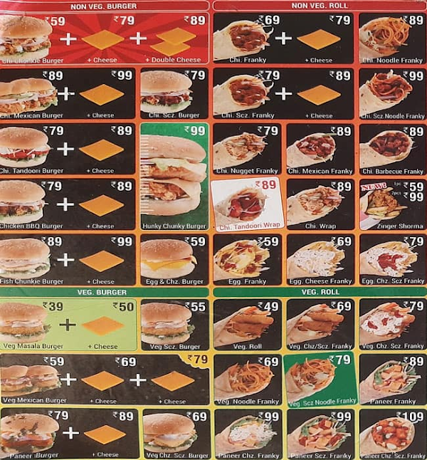 Chunkies Burgers & Frankies menu 