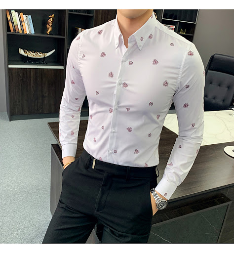 Title 7, Mens Floral Shirt Korean Style Slim Casual Pri...