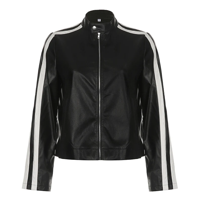 Autumn New Contrast Color PU Leather Coat for Women, European and American Locomotive Style Loose Zip Leather Jacket Top