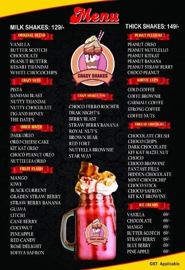 Crazy Shakes And More menu 