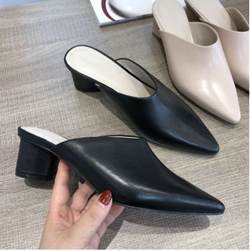 Title 3, Leather Half Slippers Mules Versatile Thick Hee...