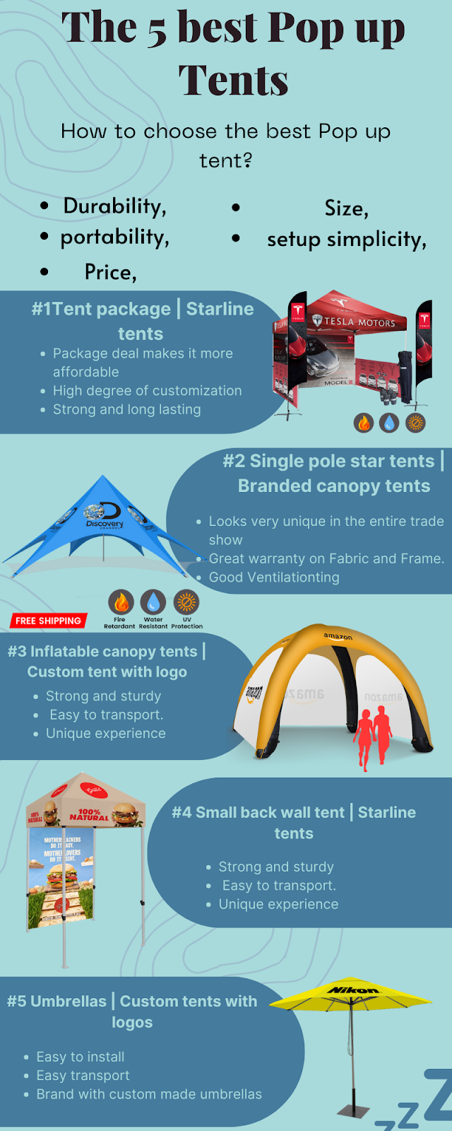 #1 Tent Package | Startline tents
#2 Single Pole Star tents | Branded canopy tents
#3 Inflatable canopy tents | Custom tent with logo
#4 Small back wall tent | Starline tents
#5 Umbrellas | Custom tents with logos