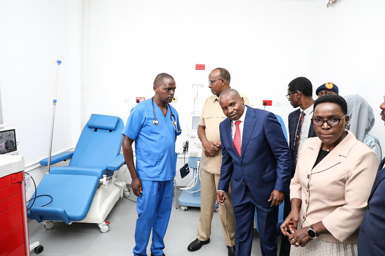 Defence CS Aden Duale and his Interior and National Administration counterpart Prof Kithure Kindiki inspect the Kenya Prisons Service Wanini Kireri Magezera Level IV Hospital on may 17, 2024.