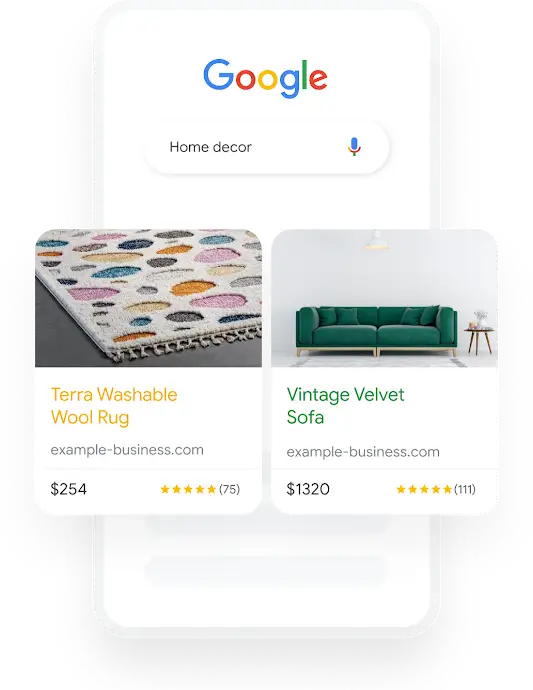 Illustration of a phone shows a Google search query for Furniture that results in two relevant Shopping Ads.