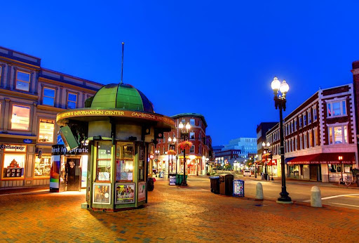 Harvard Square at night in Cambridge, Massachusetts