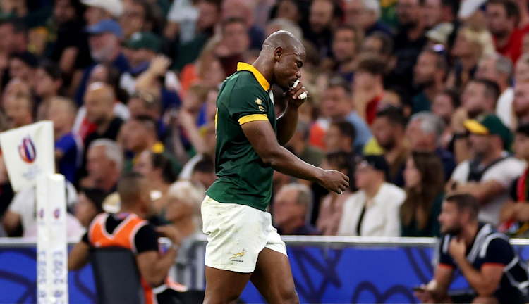 Makazole Mapimpi leaves the field having suffered an injury in the Springboks' Rugby World Cup match against Tonga at Stade Velodrome in Marseille on Sunday night. Picture: CAMERON SPENCER/GETTY IMAGES