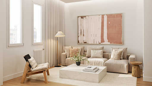 Modern living room with beige sofa and abstract painting in this luxury apartment / penthouse for sale in Madrid ($2,660,497 - 160 m²)