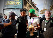 Springbok captain Siya Kolisi met with Orlando Pirates captain Happy Jele during the Rugby World Cup trophy tour in Soweto on November 7 2019. 