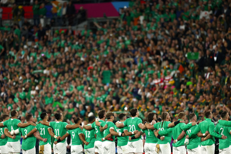 Ireland players line up during the national anthems before the match.