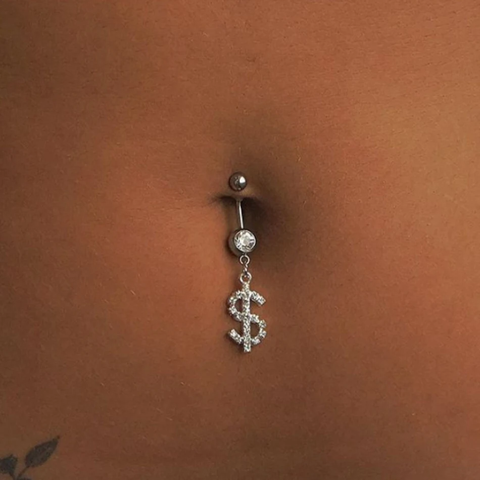 Işıltılı Rhinestone Taşlı ABD Doları Göbek Piercingi, göbek piercinginize göz kamaştırıcı bir görünüm kazandırır ve tarzınızı yansıtır.