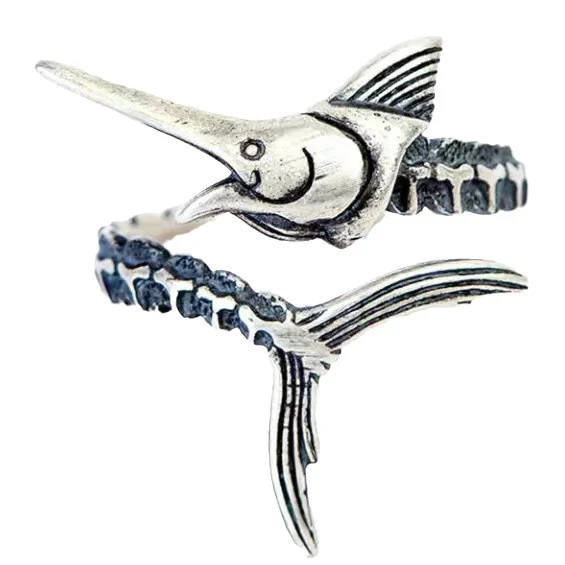 Title 4, Anillo Retro de Plata Ancha con Pez Volador par...