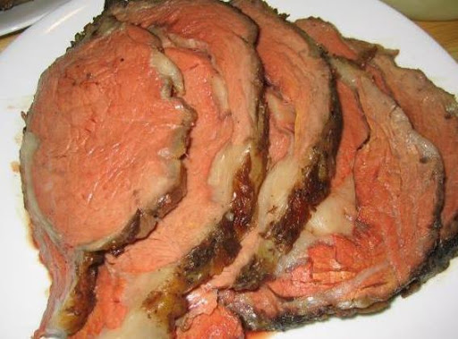 Roast prime rib; browned nicely on the outside, pink on the inside.