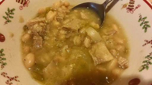 Scrumptious and savory White Bean Chili with pork or chicken, green chilies and Great Northern beans