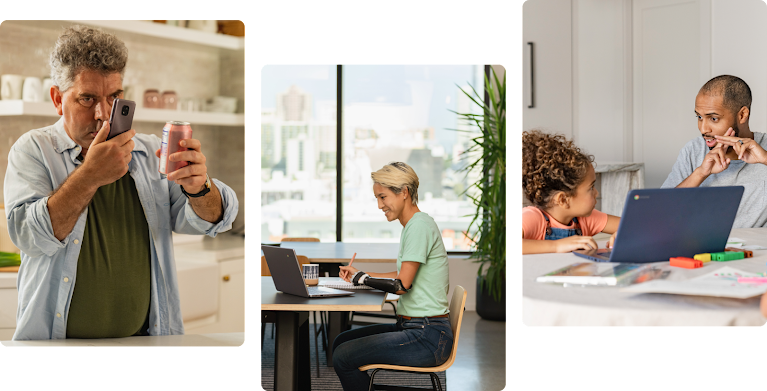 Collage of three photographs: A man with a visual disability holds an Android phone up to a soda can, a person with short blonde hair and a prosthetic arm sits at a table writing, a young girl with curly hair sits behind a Chromebook laptop next to a man showing her sign language hand gestures