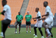 Hugo Broos, coach of South Africa with Helman Mkhelele, assistant coach of South Africa during the 2022 International Friendly at the FNB Stadium, Johannesburg.