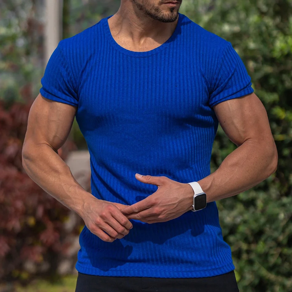 T-shirt Uomo Estivo Sportivo Fitness Casual Collo Alto Elastico Barre Verticali Girocollo Maniche Corte Traspirante