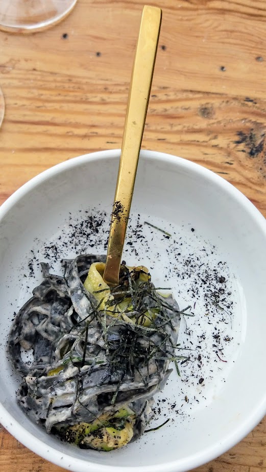 Chefs Week PDX Heritage dinner 2017, at Han Oak: Peter Cho, Han Oak served Mentaiko Linguini- Spicy Cured Pollack Roe, Leek Ash Noodles, Shiro Dashi, Parmesan, Nori