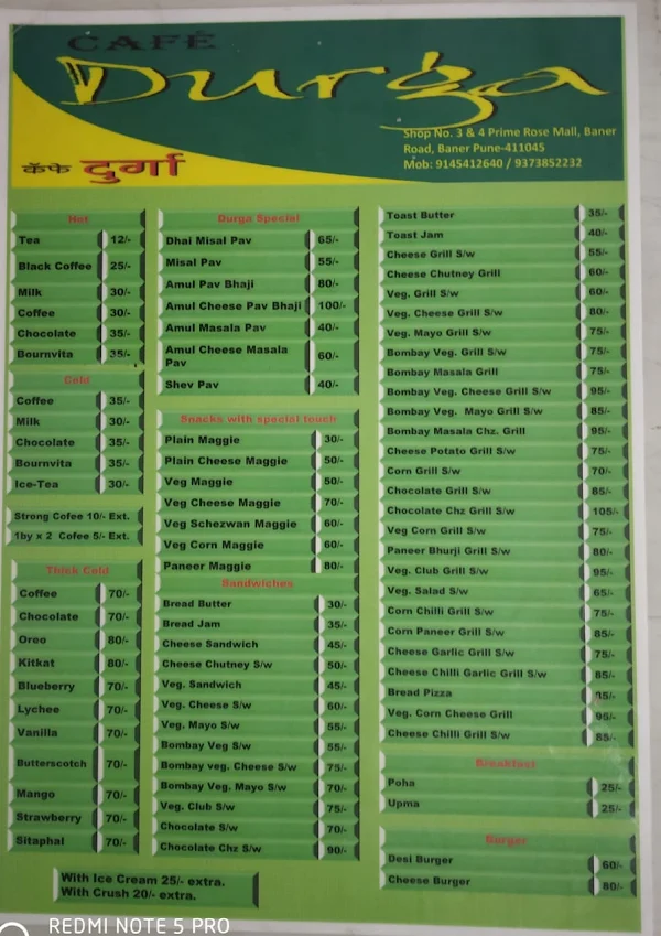 Cafe Durga Baner Branch menu 