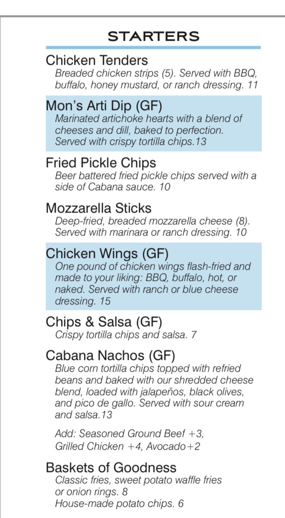 Cabana Blue Lakefront Sports Bar & Grill gluten-free menu