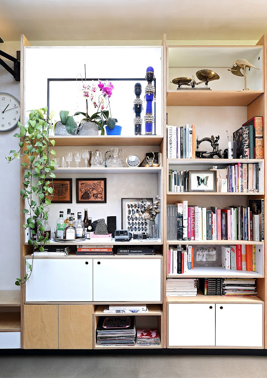 Laminated panels add depth to the floor-to-ceiling birch ply shelving unit in the living area.