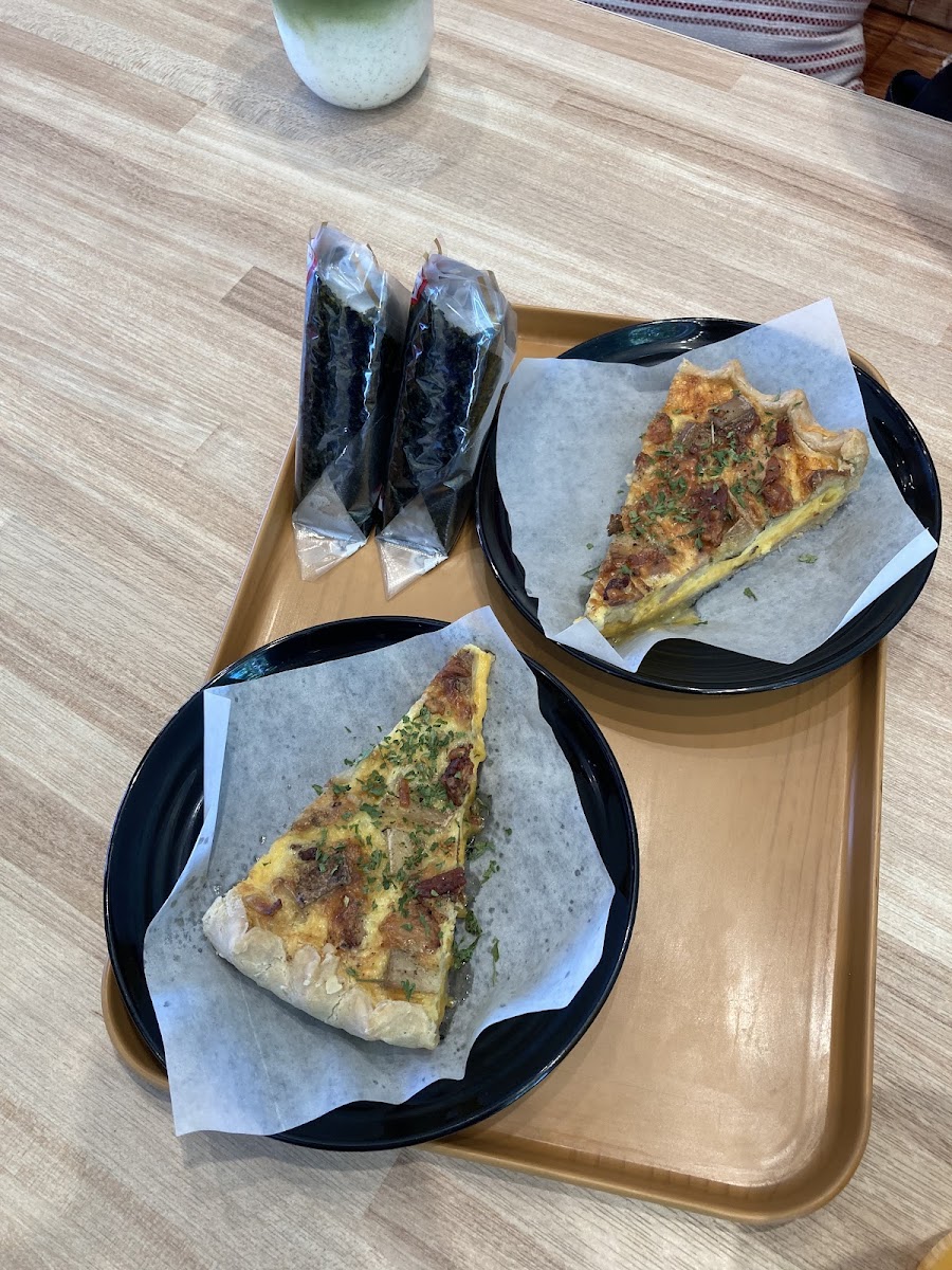 Bacon potato quiche and onigiri