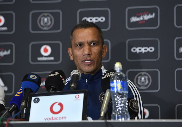 Orlando Pirates co-coach Fadlu Davids in a pre-Confederation Cup final press conference at Orlando Stadium on May 17 2022.