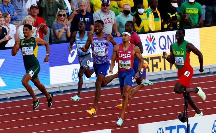 Wayde van Niekerk, Britain's Matthew Hudson-Smith, Michael Norman of the US and Grenada's Kirani James in action during the final.