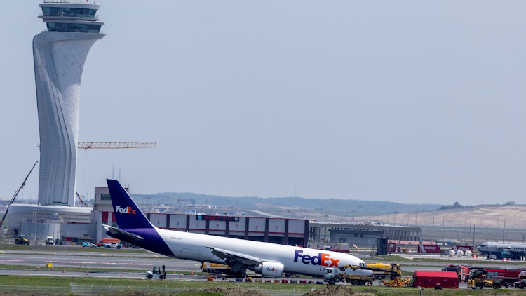 A general view of a FedEx Airlines Boeing 767 BA.N cargo plane, that landed at Istanbul Airport on Wednesday without deploying its front landing gear but managed to stay on the runway and avoid casualties, on a runway in Istanbul, Turkey, May 8, 2024.