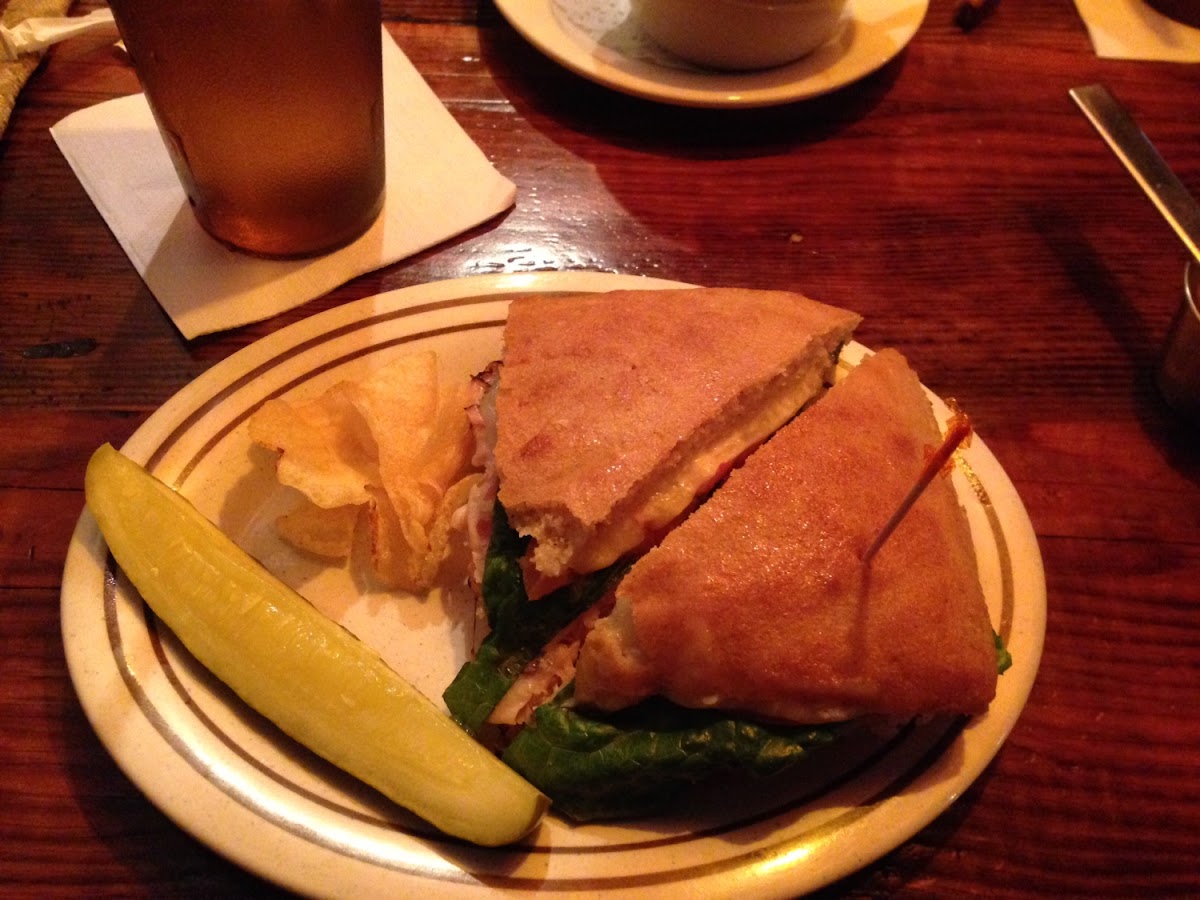 Turkey club with their special maple mustard on GF rice bread.