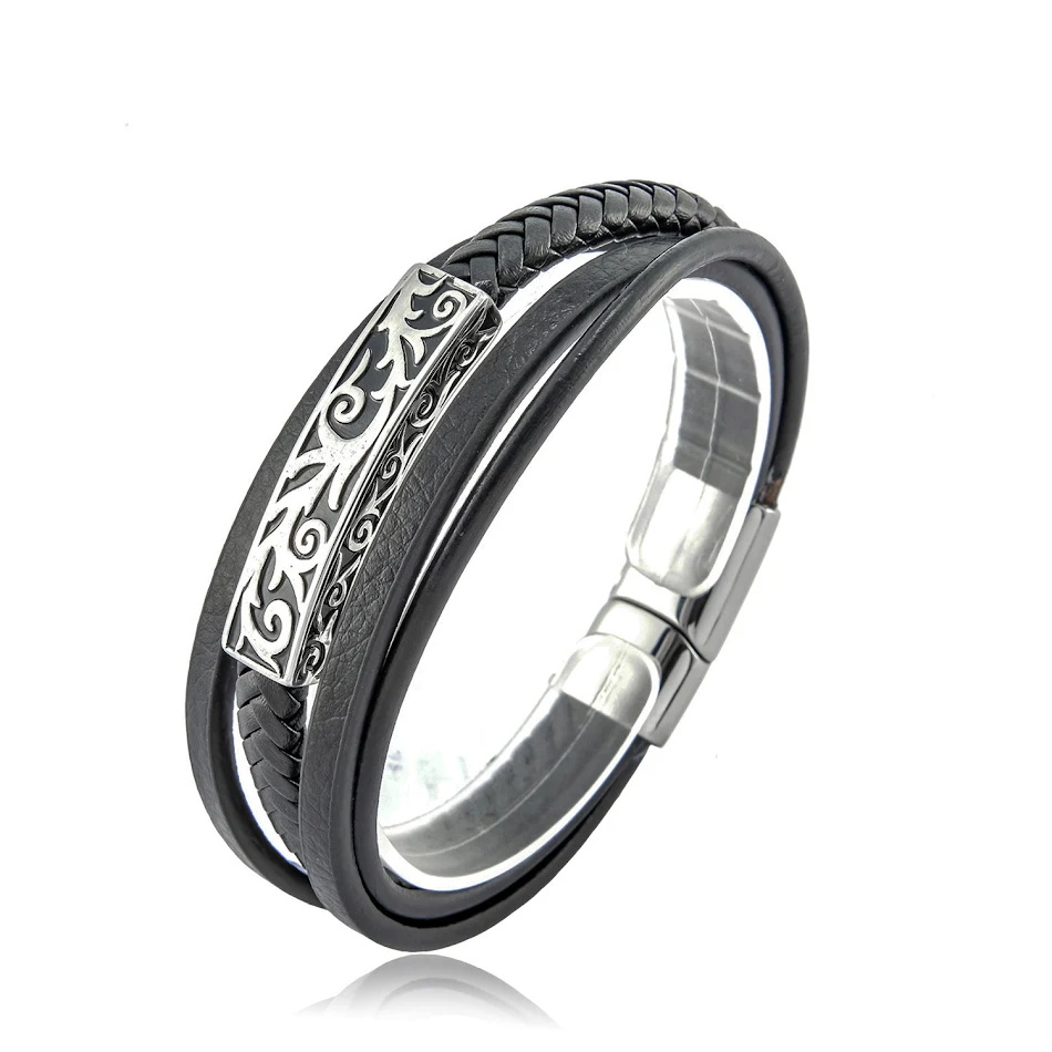 Pulsera de cuero trenzado multicapa para hombre con accesorios de acero inoxidable. Elegante y duradera, perfecta para cualquier ocasión.