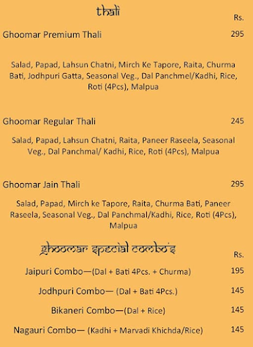 Ghoomar Traditional Thali Restaurant menu 